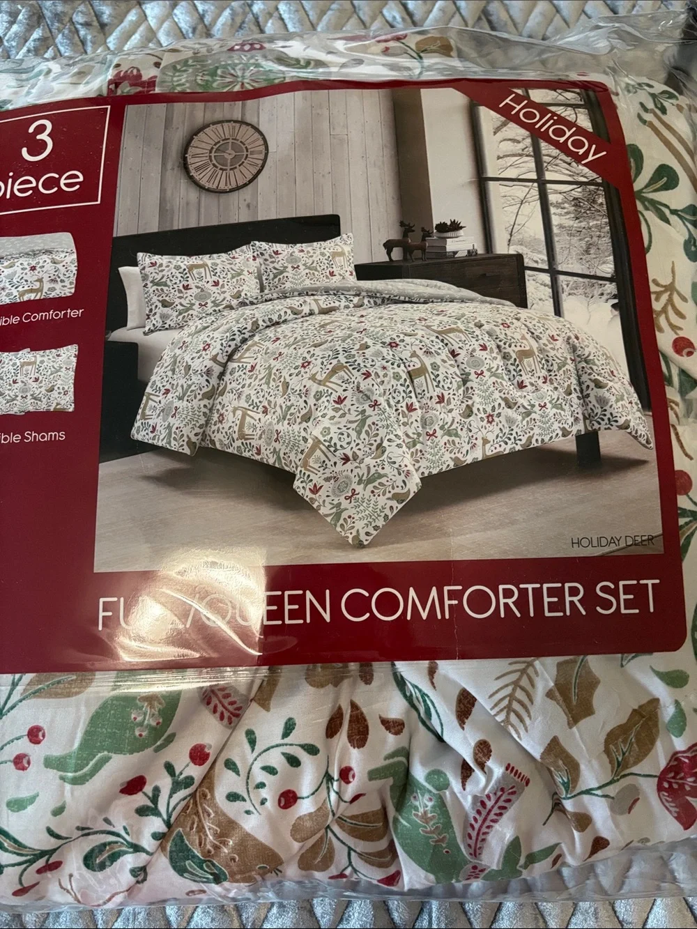 Full/Queen Reversible Comforter Set - Festive White & Green-Holiday Deer